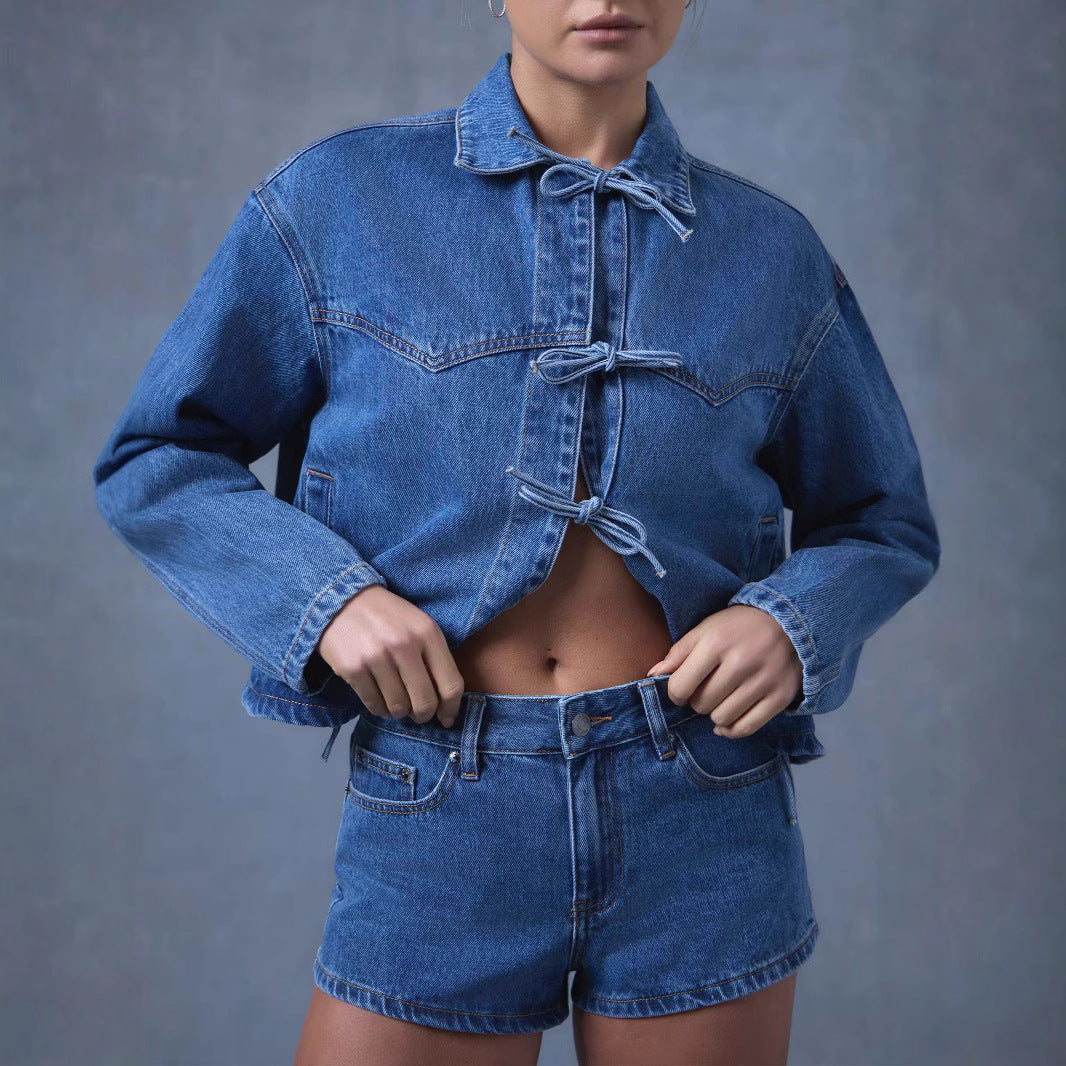 Damen Modernes Denim-Jackett mit Bindegürtel R&B