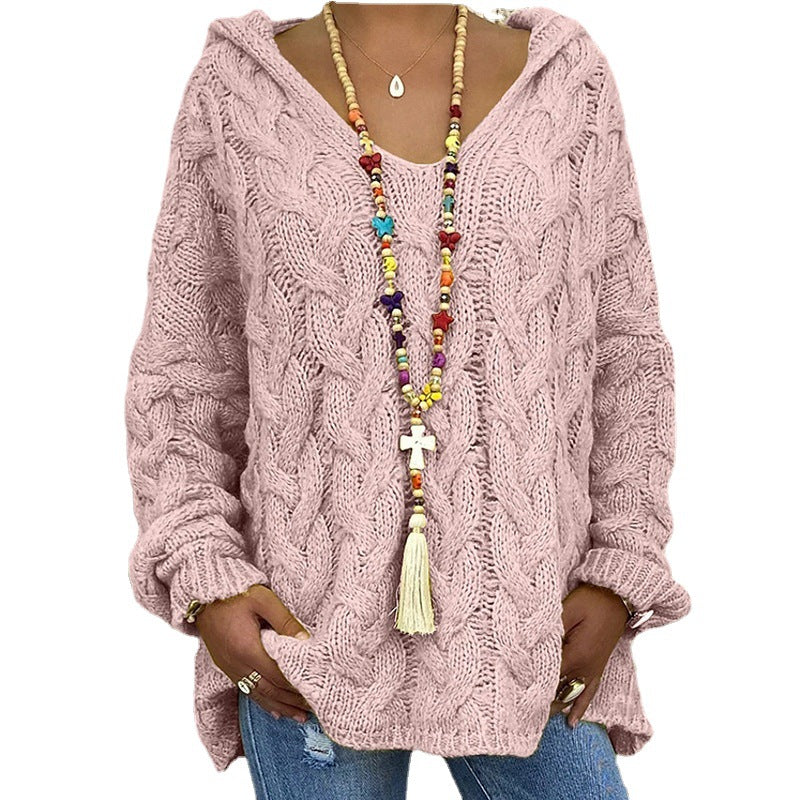 Damen Hoody aus Grobstrick mit V-Ausschnitt und dekorativem Kordelzug