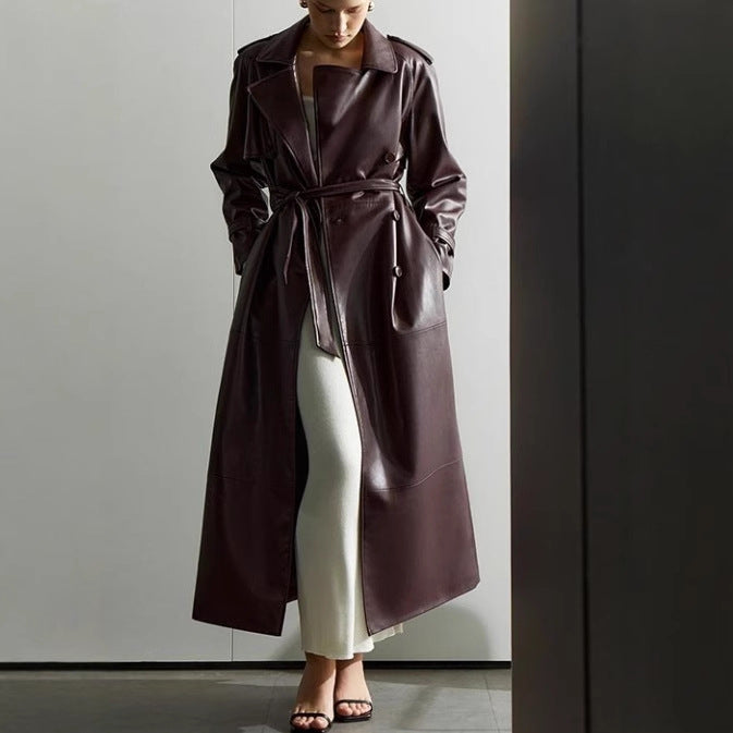 Damen eleganter Kunstleder-Trenchcoat mit taillierbarem Gürtel und praktischen Taschen R&B