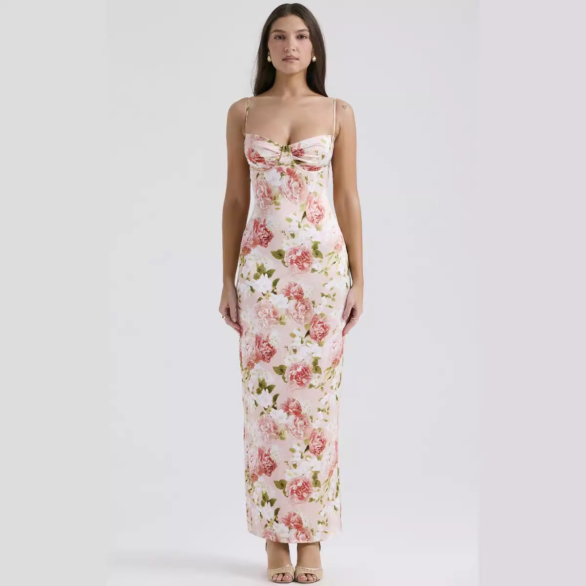 Damen Maxikleid mit floralem Spitzen-Design und schmalen Trägern R&B