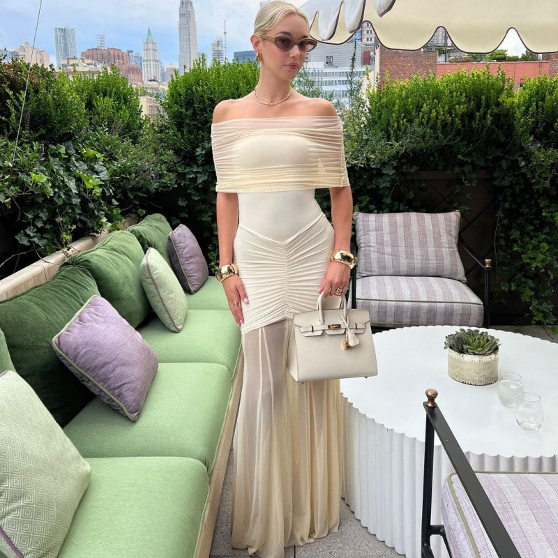 Damen Elegantes Maxi-Kleid mit schulterfreiem Design und Raffungen R&B
