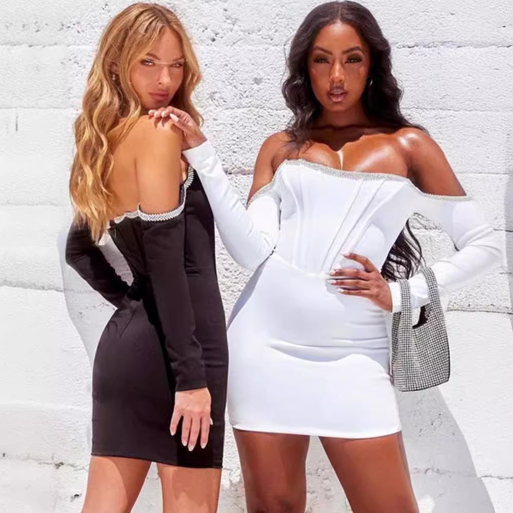 Damen Off-Shoulder Cocktailkleid mit funkelnden Strassdetails und figurbetontem Schnitt R&B