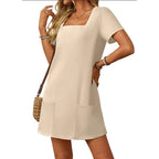 Damen Lässiges Sommerkleid mit Quadrat-Ausschnitt und praktischen Taschen R&B