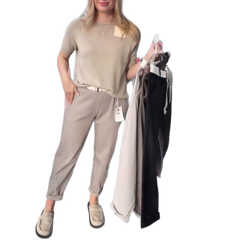 Damen nan lässige Baumwoll-Chino mit elastischem Komfortbund, Umschlag und Ziergürtel R&B