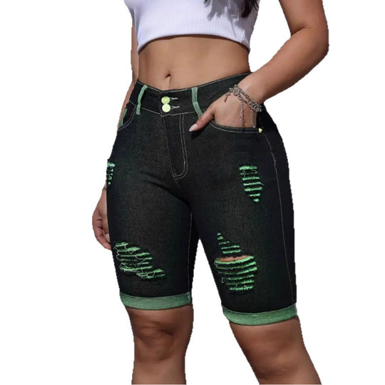 Damen Destroyed Denim-Shorts mit auffälligen Akzenten und hohem Bund R&B
