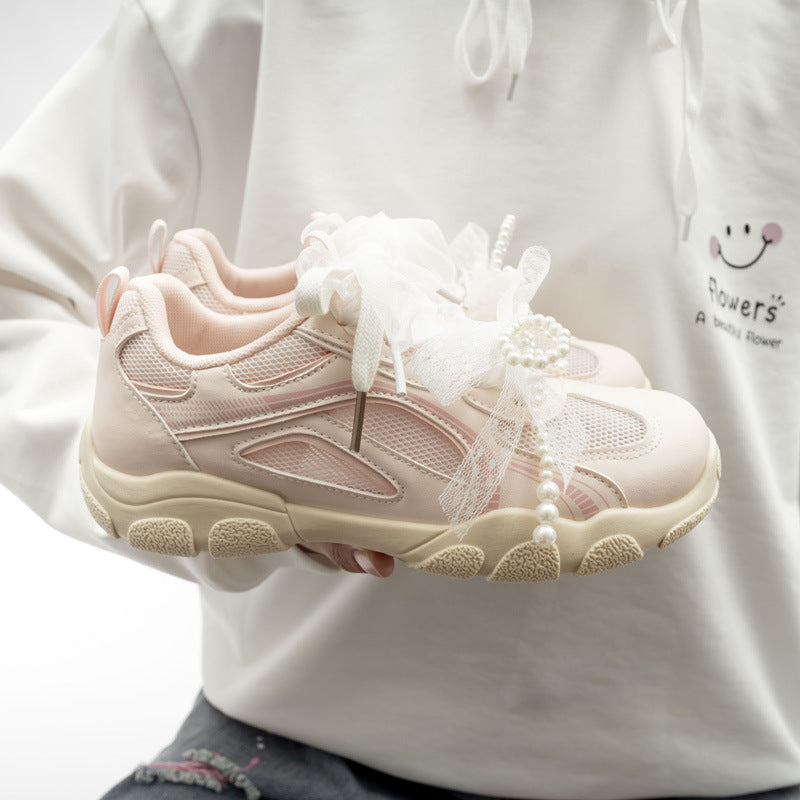 Damen Sportliche Sneakers mit dekorativen Perlenschnürsenkeln und atmungsaktiver Mesh-Oberfläche
