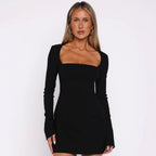 Damen Elegantes Kostümkleid mit Quadrat-Ausschnitt und langen Ärmeln R&B