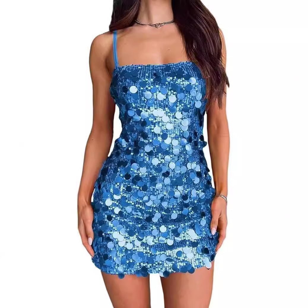 Damen Glitzerndes Minikleid mit Spiralmuster und Spaghettiträgern R&B
