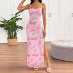 Damen elegantes Blumenmuster Maxikleid EB