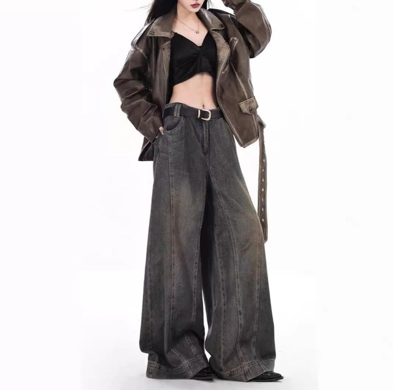 Damen Weit geschnittene High-Waist Jeans im urbanen Stil R&B