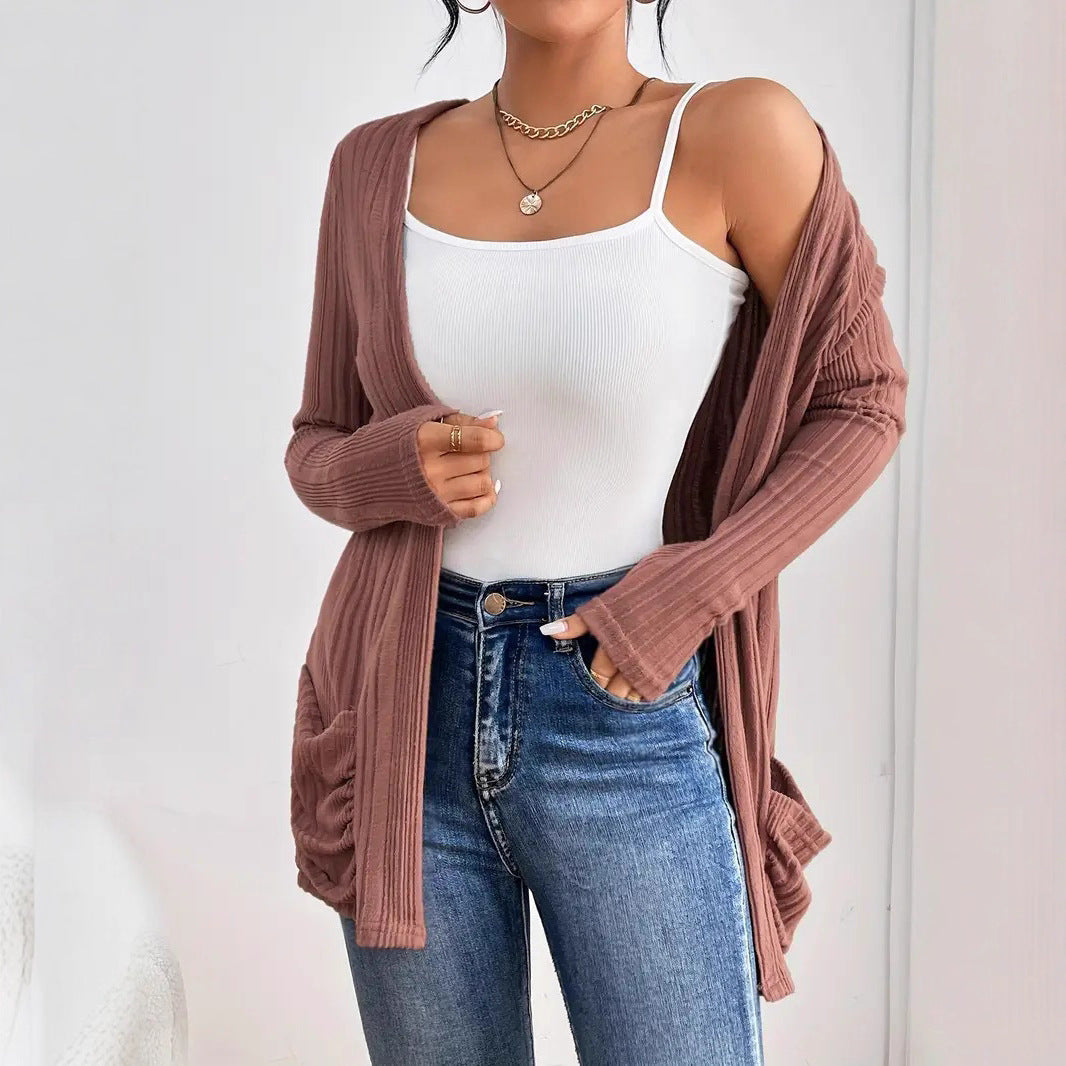 Damen Strickjacke mit vertikalem Rippdesign und praktischen Taschen R&B
