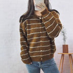 Damen gemütliche Strickjacke mit elegantem Streifenmuster und schimmernden Knöpfen R&B
