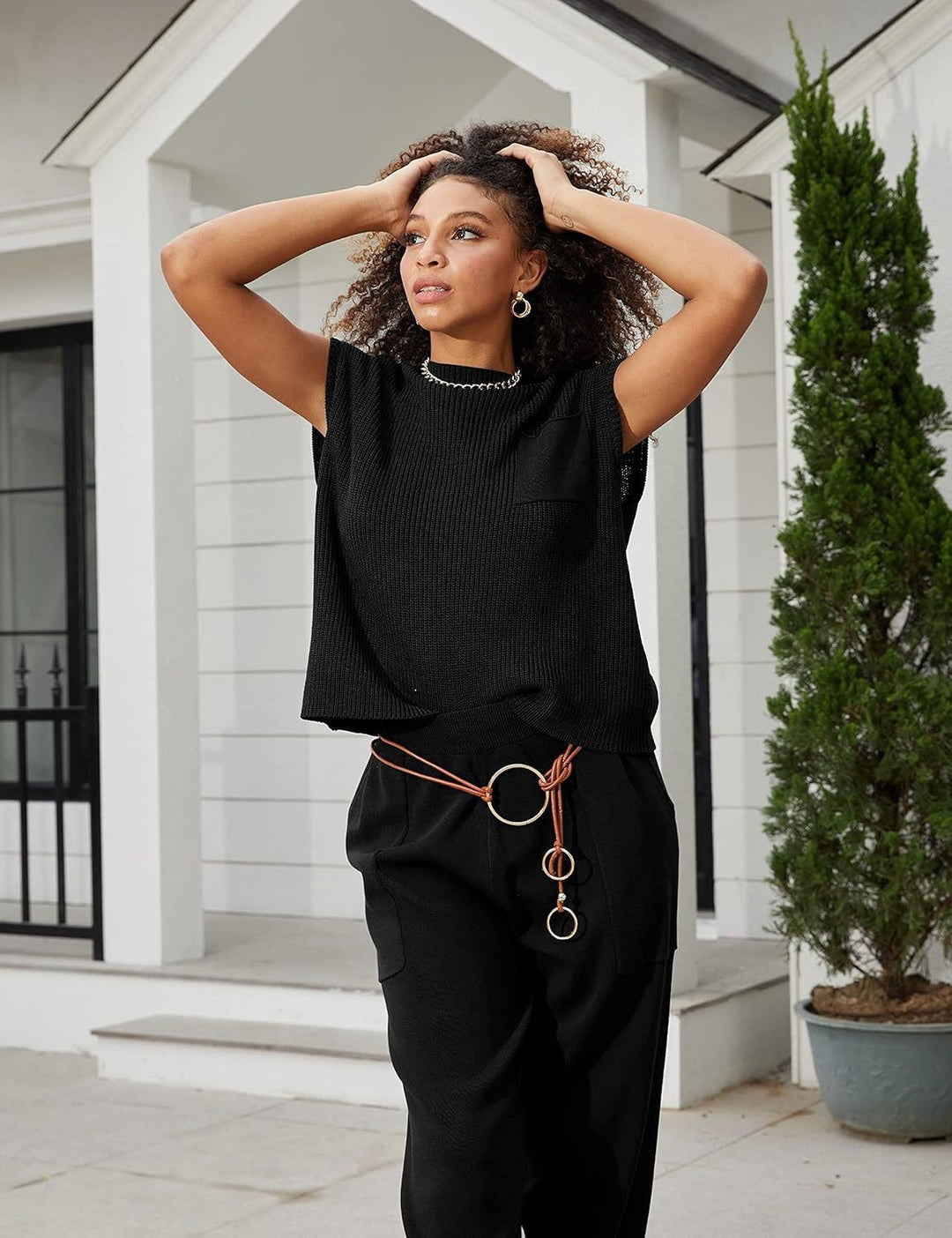 Damen lässiges Strick-Oberteil und weite Hose Set R&B