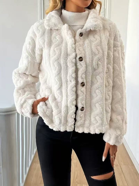 Damen Plüschjacke mit Knopfverschluss und gestreiftem Strukturdesign R&B