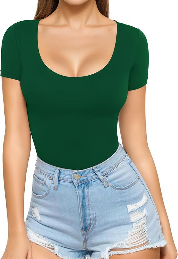 Damen figurbetontes Kurzarm-Body mit rundem Ausschnitt und nahtlosem Design R&B