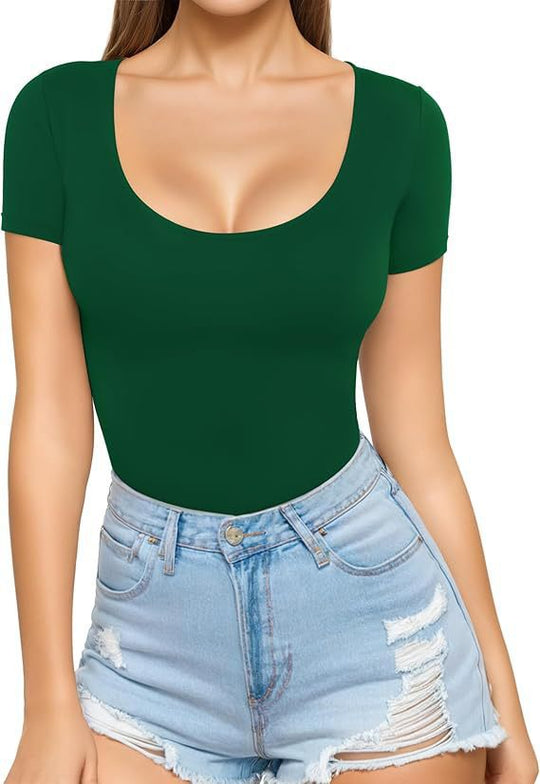 Damen figurbetontes Kurzarm-Body mit rundem Ausschnitt und nahtlosem Design R&B