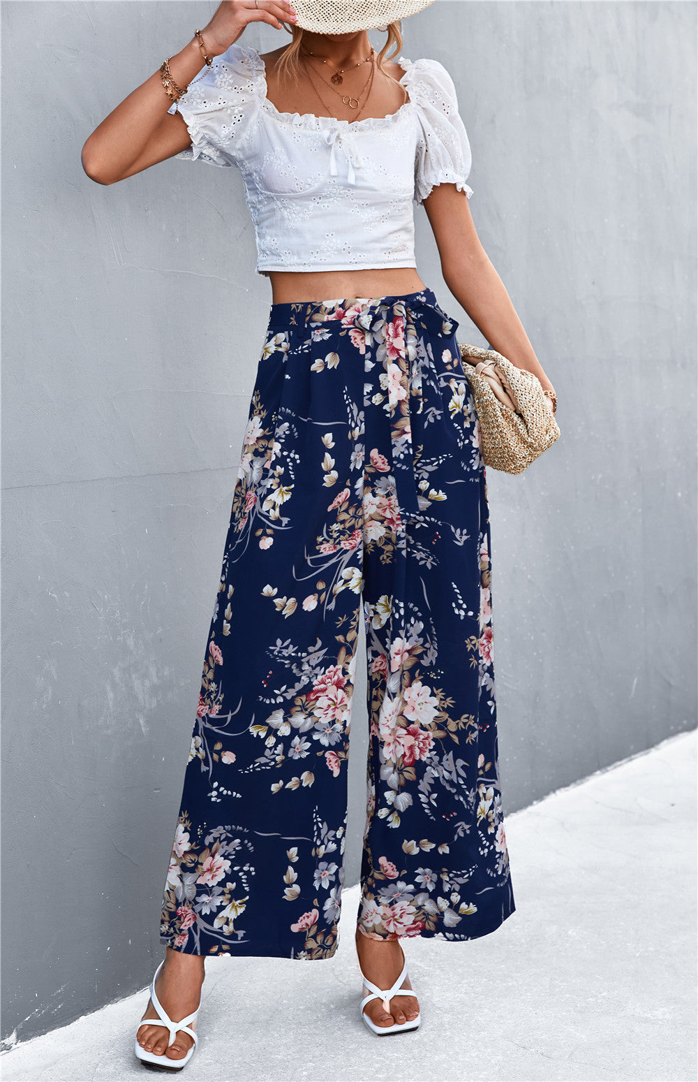 Damen Weite Blumenhose mit elastischem Bund und Bindegürtel R&B