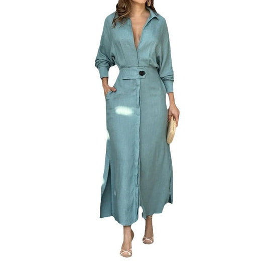 Damen Maxikleid aus leichtem Leinen mit eleganter Knopfleiste und praktischen Seitenschlitzen R&B