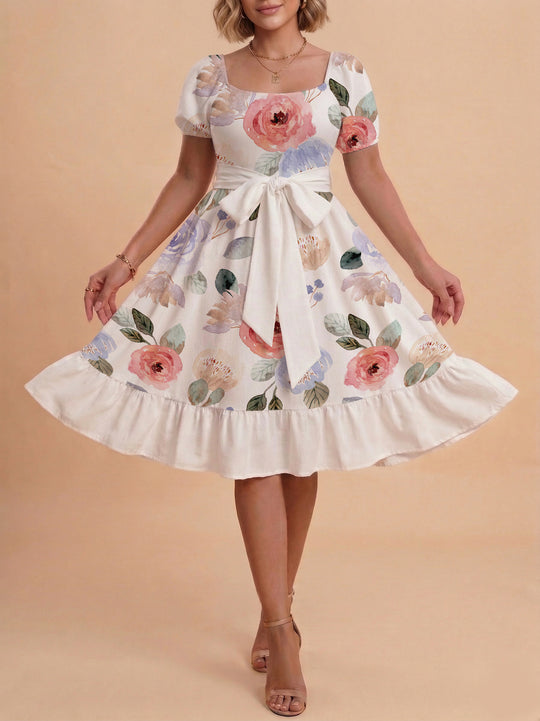 Damen Sommerliches Blumenkleid mit taillierbarem Gürtel und voluminösen Ärmeln R&B