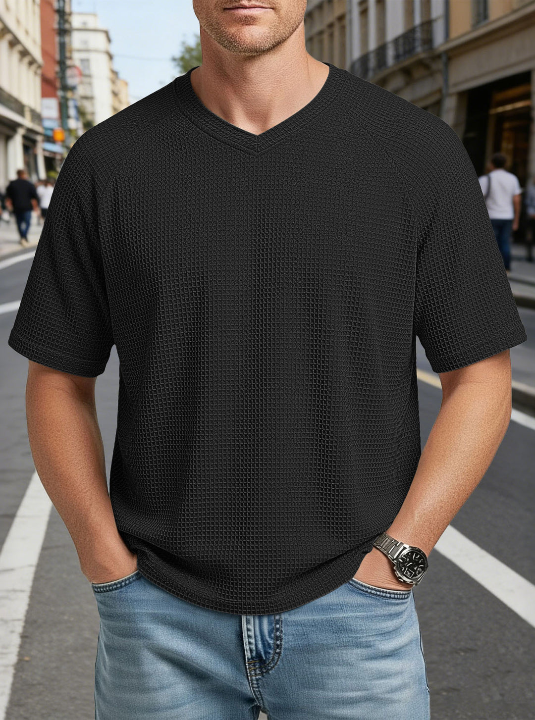 Herren nan lässiges V-Ausschnitt Waffelstrick-T-Shirt aus atmungsaktivem Baumwollmix R&B