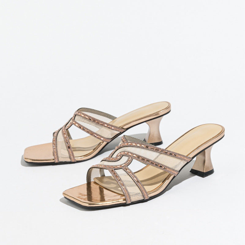 Damen elegante High Heel Mules mit glitzernden Riemen und komfortablem Absatz R&B