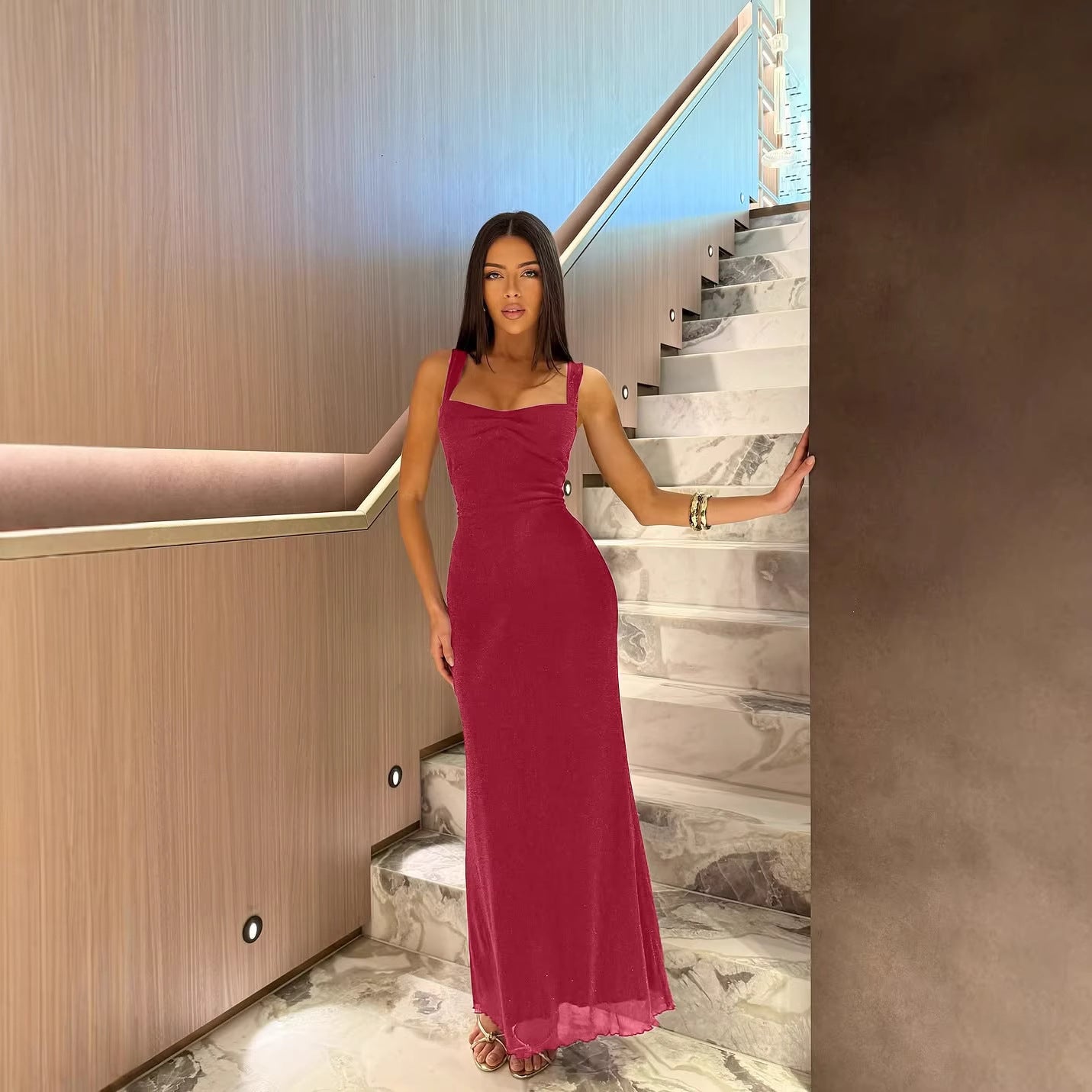 Damen Glitzerndes Maxikleid mit Carmen-Ausschnitt und figurformendem Schnitt R&B