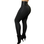Damen Hochbund-Leggings mit modischen Riemen und Reißverschluss R&B
