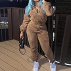 Damen nan kuscheliges Teddy-Fleece Zweiteiler mit Halbreißverschluss und High-Waist Jogginghose R&B