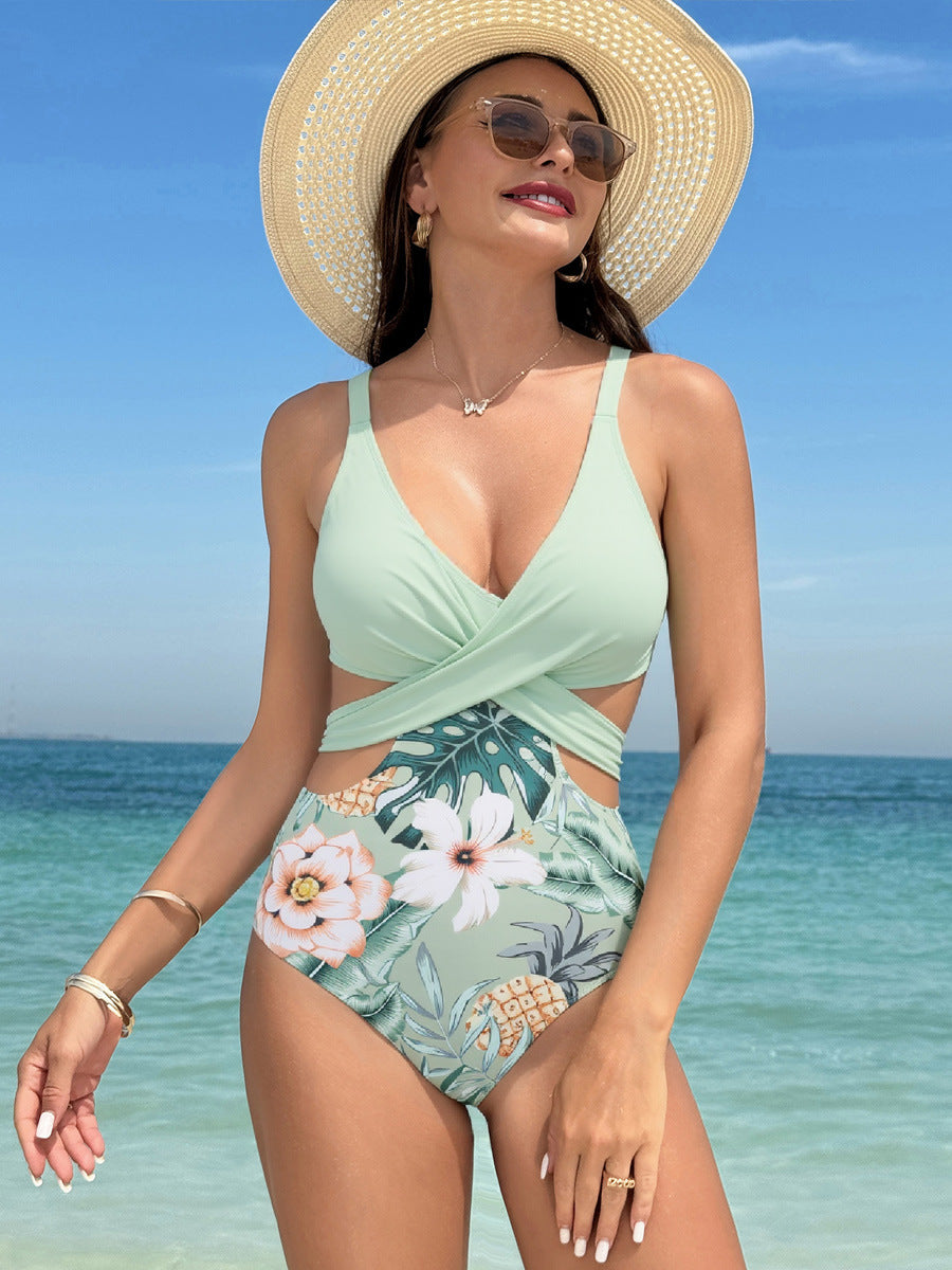 Damen Hochgeschnittener Badeanzug mit modischem Wickeldesign R&B