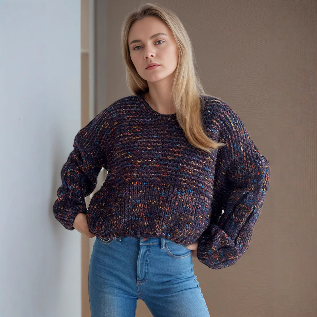 Damen grob gestrickter Pullover mit voluminösen Ärmeln R&B