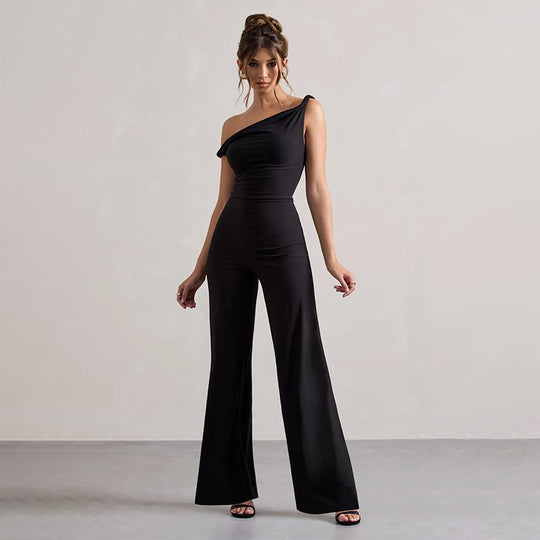 Damen schulterfreier Jumpsuit mit weitem Bein und elastischem Oberteil R&B