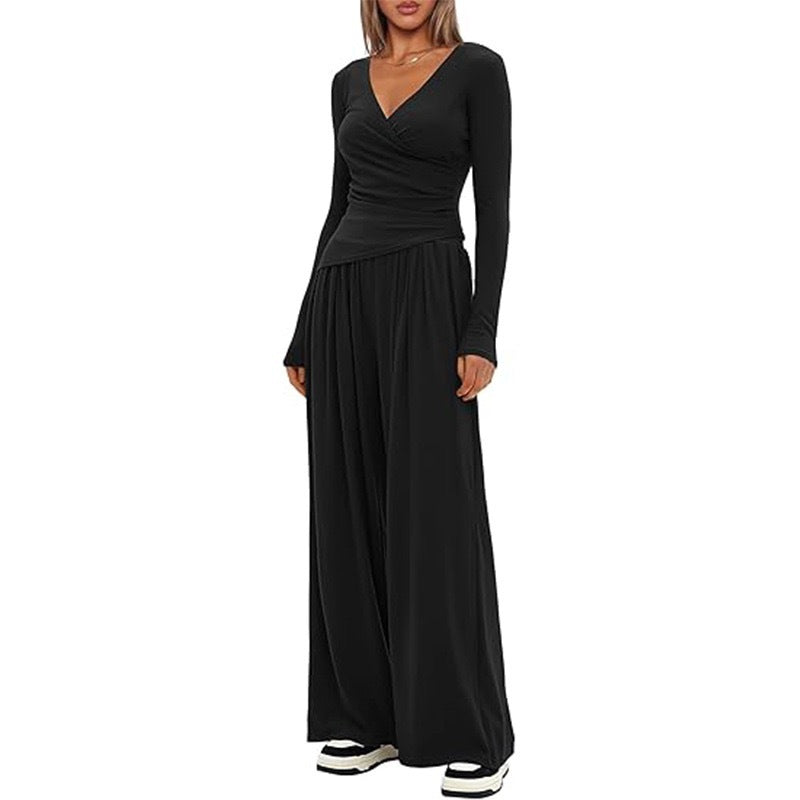 Damen Eleganter Wickel-Jumpsuit mit weitem Bein und modischen Details R&B
