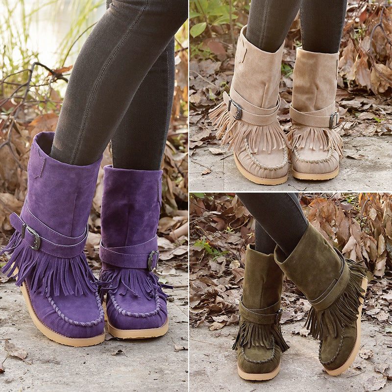 Damen Mokassin-Stiefel mit fransigen Details und modischer Schnalle R&B