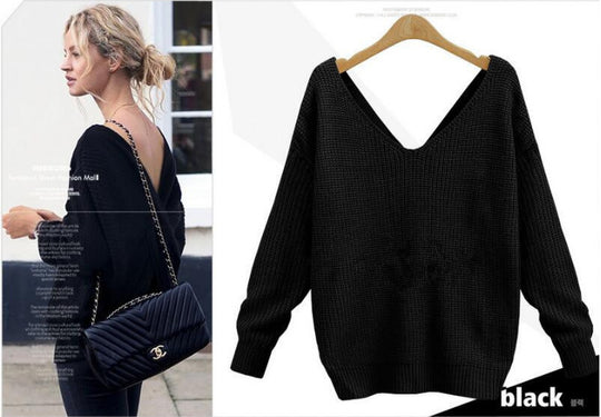 Damen Strickpullover mit einzigartigem Rückendesign und tiefem V-Ausschnitt R&B