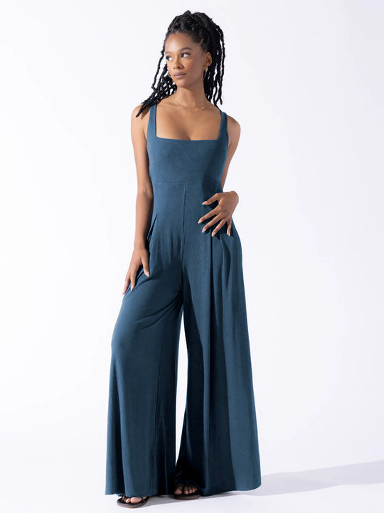Damen Eleganter Jersey Jumpsuit mit weitem Bein und tiefem Ausschnitt R&B