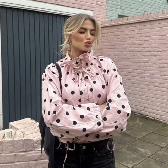 Damen nan leichte gepunktete Windbreaker-Jacke mit Tunnelzug und Stehkragen R&B