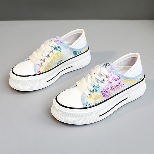 Damen modische Plateausneaker mit glänzenden Pailletten und elastischem Schnürsystem R&B
