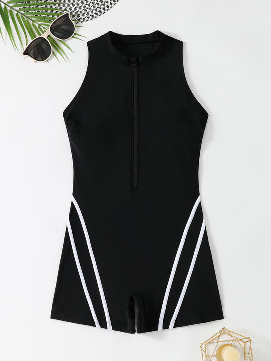 Damen Sportlicher Badeanzug mit Hochkragen und Reißverschluss R&B