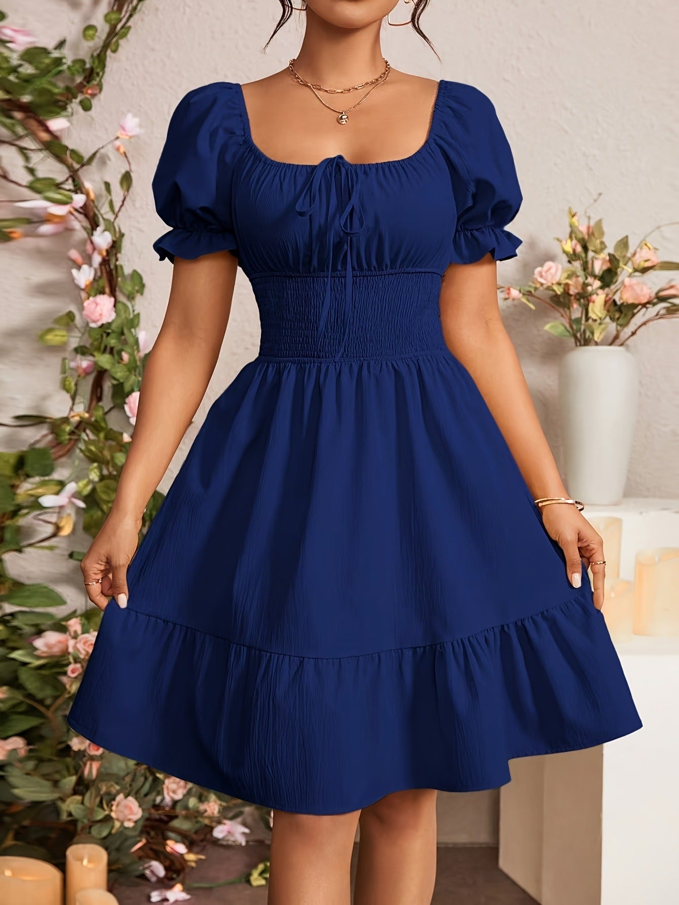 Damen Puffärmel Kleid mit elastischem Tailleneinsatz und Rüschensaum R&B