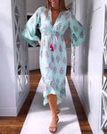 Damen nan luftig-fließendes Boho-Midikleid mit V-Ausschnitt, geraffter Smock-Taille, Kordelzug mit Quasten und asymmetrischem Volant-Saum R&B