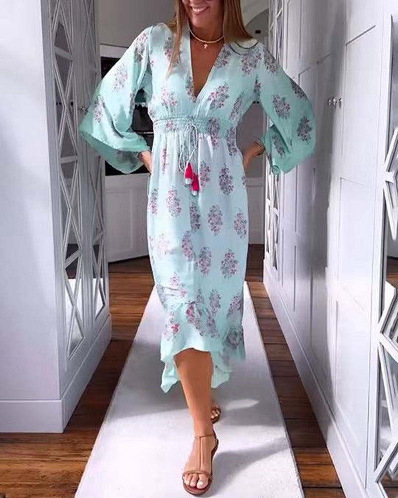Damen nan luftig-fließendes Boho-Midikleid mit V-Ausschnitt, geraffter Smock-Taille, Kordelzug mit Quasten und asymmetrischem Volant-Saum R&B