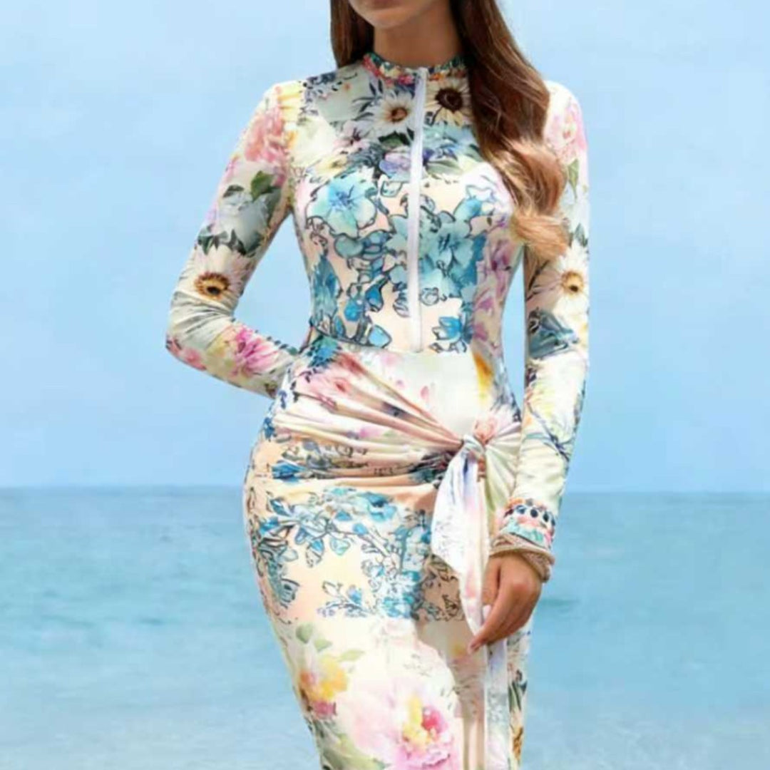 Damen Elegantes Langarm-Strandkleid mit floralem Design R&B