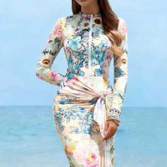 Damen Elegantes Langarm-Strandkleid mit floralem Design R&B
