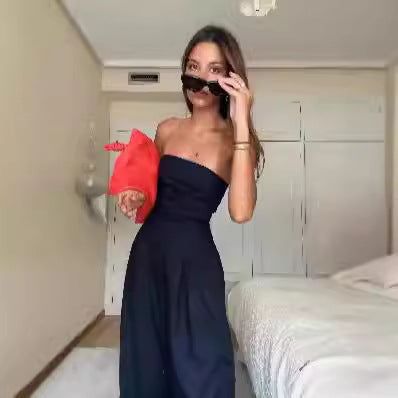 Damen trägerloser Jumpsuit mit weitem Bein und seitlichen Taschen R&B