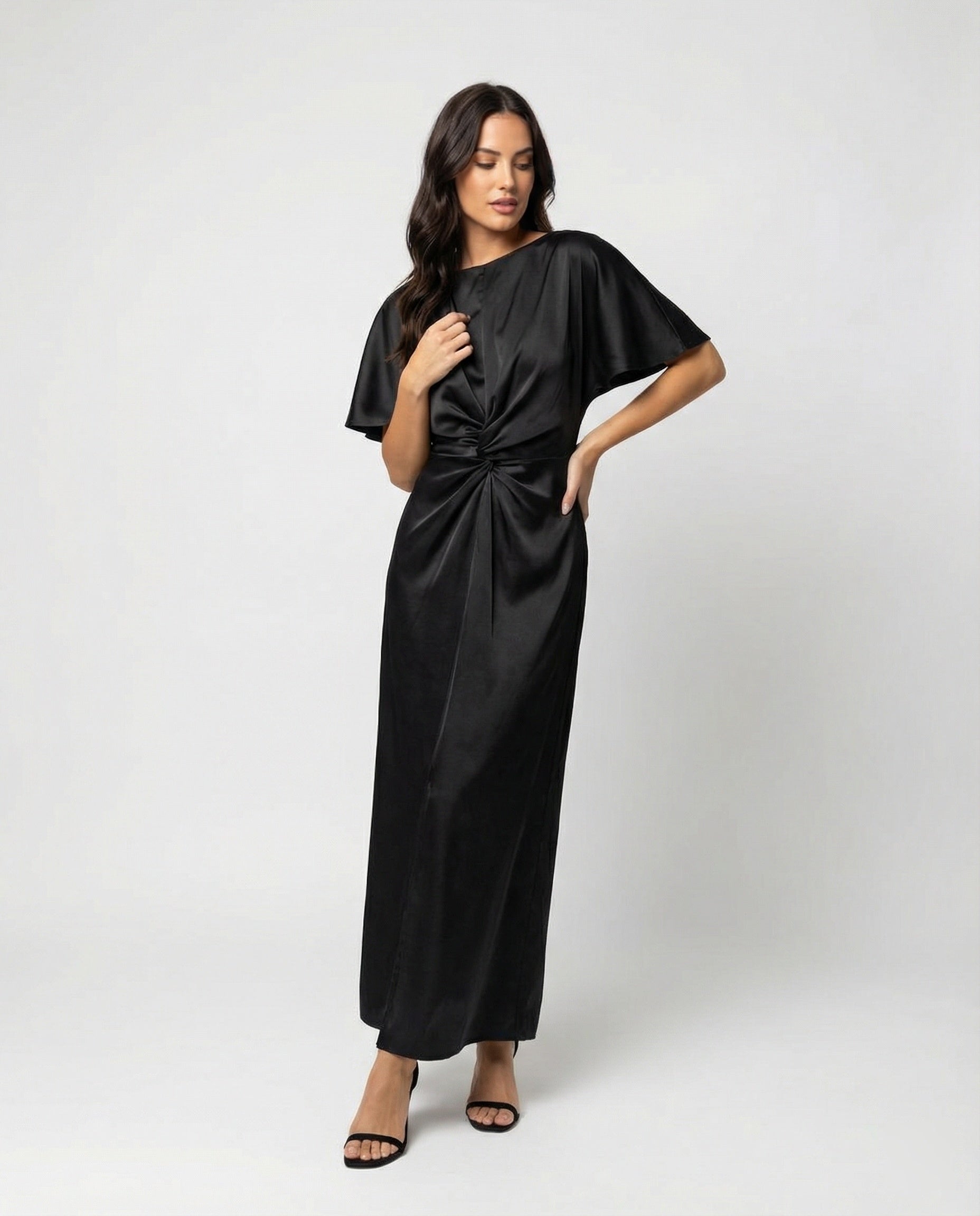 Damen Satin Wickel Maxikleid elegant