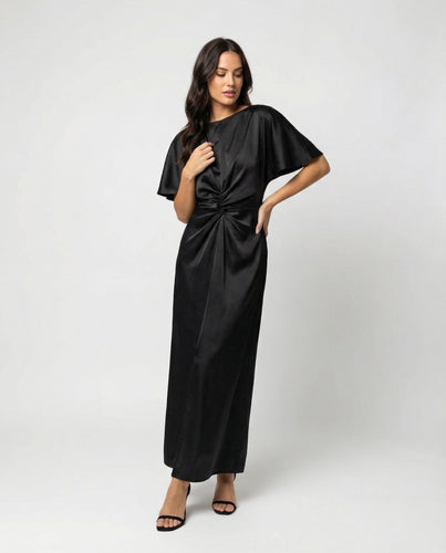 Damen Satin Wickel Maxikleid elegant