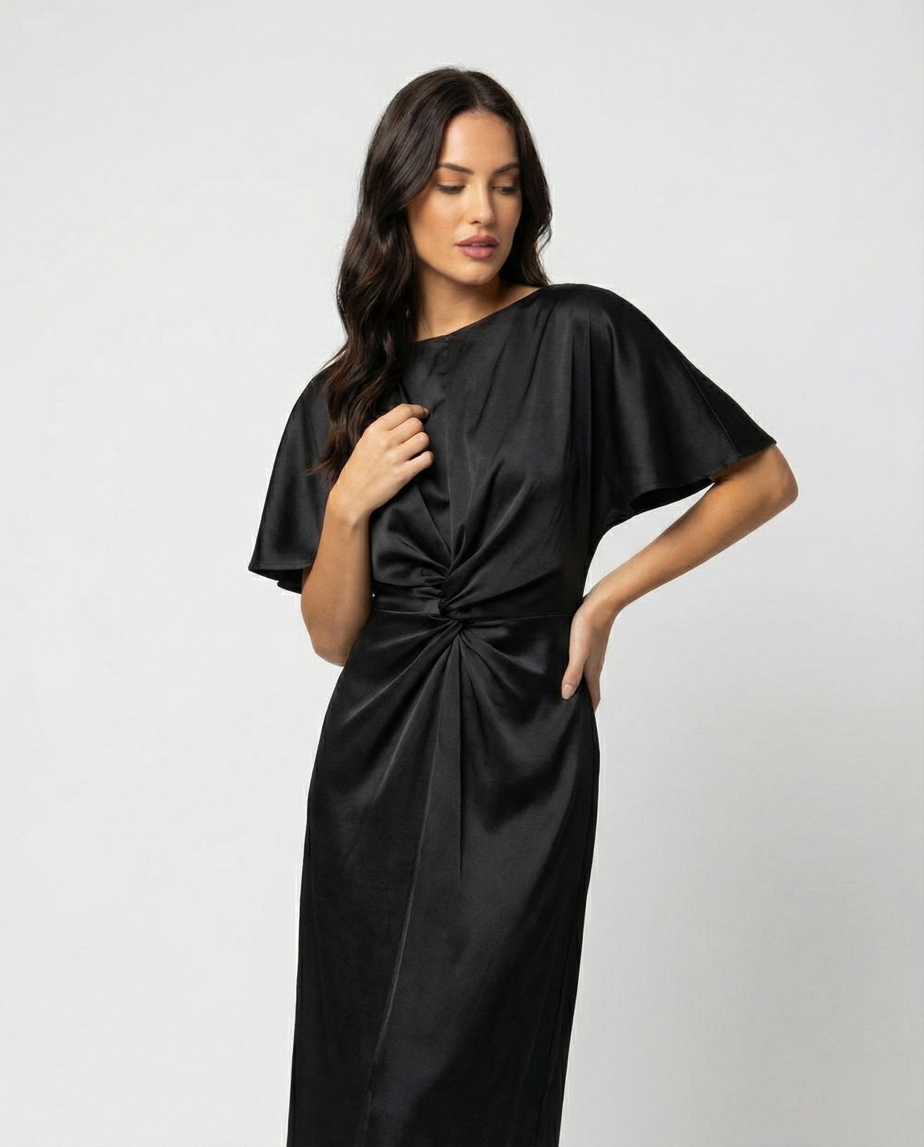 Damen Satin Wickel Maxikleid elegant