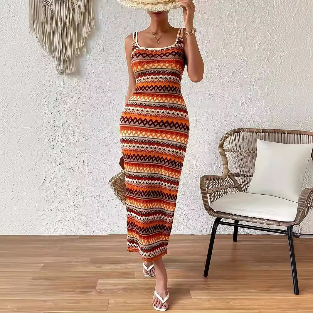 Damen Maxikleid mit modischem Muster und seitlichem Schlitz R&B