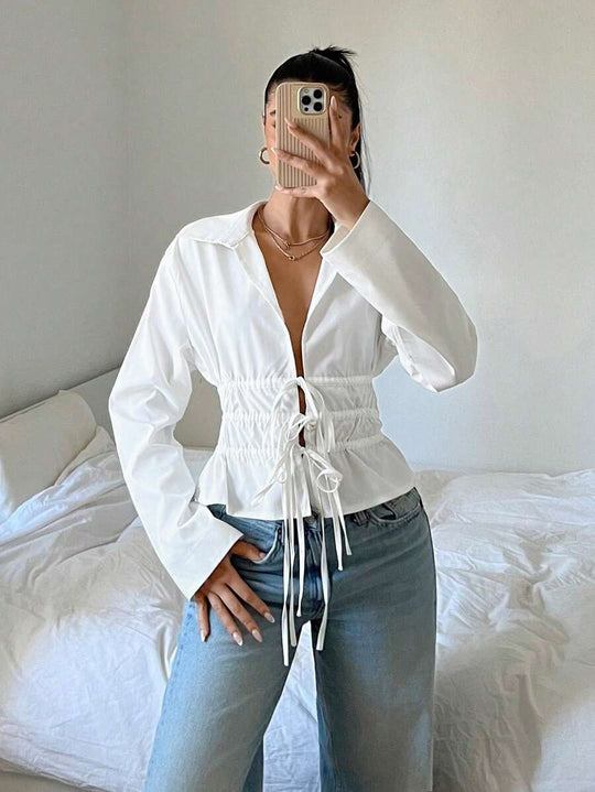 Damen zip-up Bluse mit Raffung und langen Ärmeln R&B