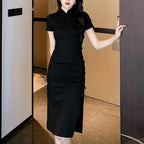 Damen elegantes Bodycon-Kleid mit hohem Schlitz und kurzen Ärmeln
